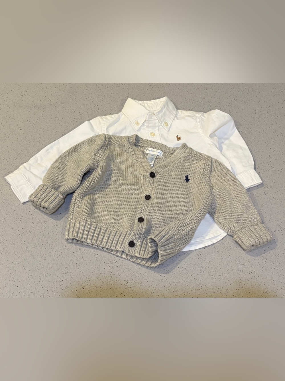Ralph Lauren Baby Boys White Button-Down Shirt & Taupe Cardigan 9 months New